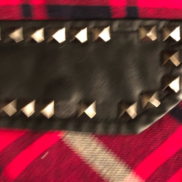 Hommage large Red Flannel Sleeveless Top w/ Faux Leather & Studs - Picture 14 of 14